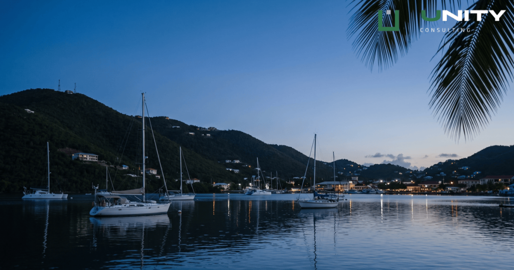 A wide-angle, deep-focus view of Road Town Harbour on Tortola at blue hour, with the first lights visible.